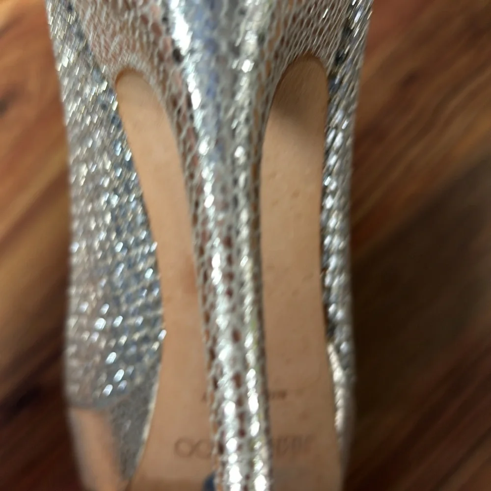Jimmy Choo Peep Toe Luna Platform Pumps Heels Glitter Fabric Champagne 38/ 7.5 - Picture 9 of 14